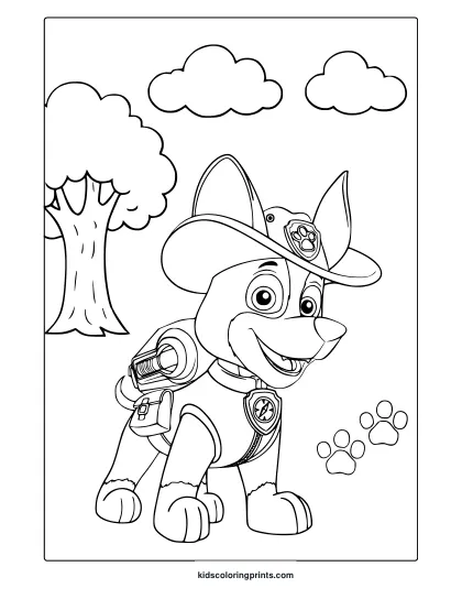 Tracker From Paw Patrol Near A Large Tree And Clouds, Drawn In Bold Lines For A Detailed Coloring Page.