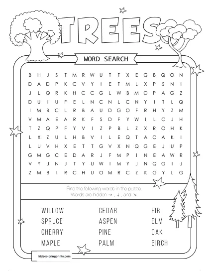 Free Printable Trees Word Search Puzzle With 12 Types From Oak To Pine.