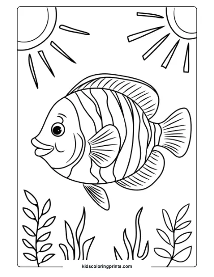 A Striped Fish With Large Eyes Glides Beneath Sunlit Waters, Surrounded By Seaweed And Coral, Perfect For Vibrant Coloring.