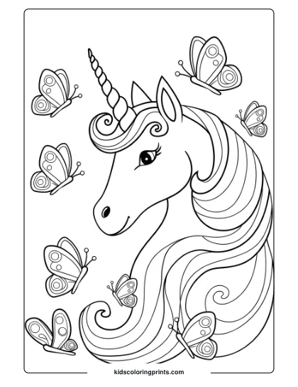 Unicorn Coloring Page Featuring A Unicorn With Butterflies Around, Focusing On The Unicorn's Gentle Expression.