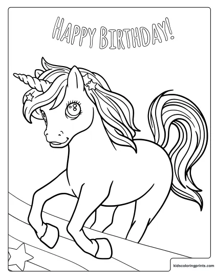 Unicorn Happy Birthday Coloring Page With A Rainbow And Flowing Mane