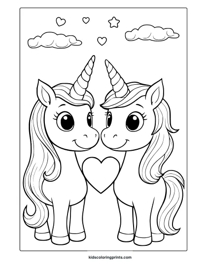 Twin Unicorns With Matching Manes And Heart Bond Under Stars In A Sweet Coloring Page.