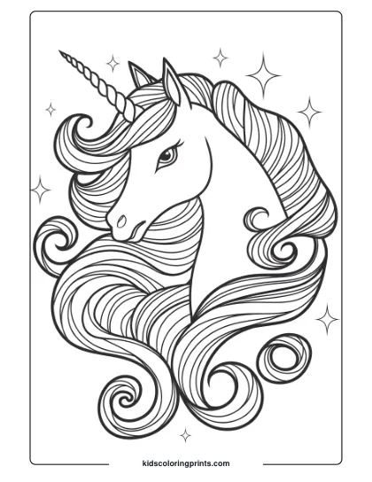 Unicorn Coloring Page Showing A Unicorn With A Flowing Mane, Surrounded By Star Symbols For A Magical Look.