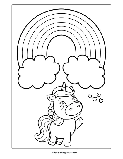Unicorn Coloring Page With Rainbow, Clouds, And Decorative Hearts.