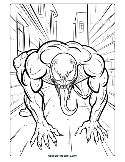 Venom Lurking In The Alley Coloring Page, With Venom Poised In A Narrow Alleyway.