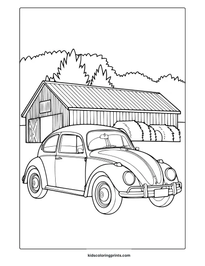 A Vw Beetle Car In Front Of A Barn With Trees, A Charming Vw Beetle Coloring Page.