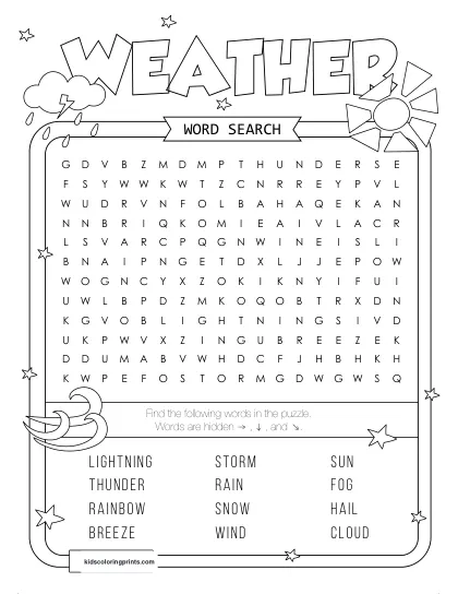 Free Printable Weather Word Search Puzzle With 12 Words From Sun To Rainbow.