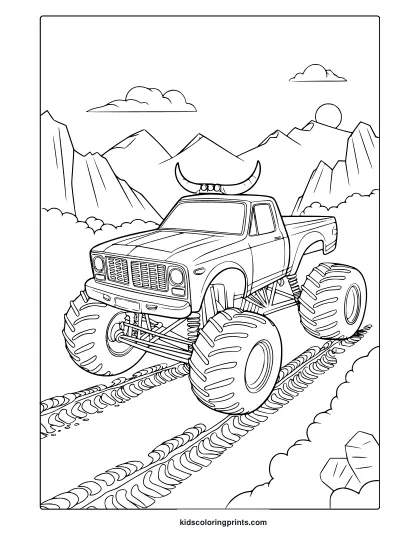 Monster Truck With Horns Driving Through Mountains And Sunlit Clouds, Bold And Wild Adventure Coloring Page.