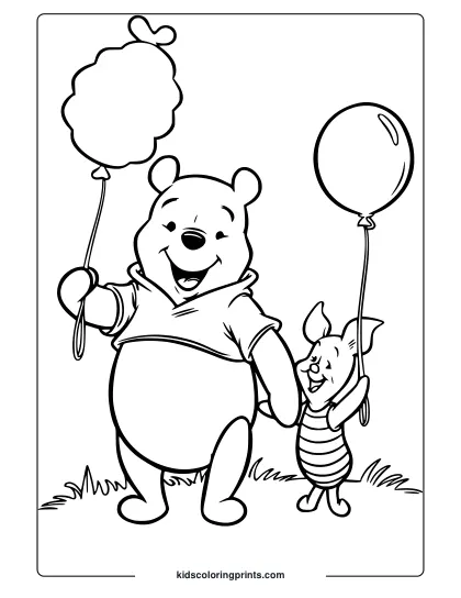 A Joyful Coloring Page Of Pooh And Piglet With Heart-Shaped Balloons Coloring Page.