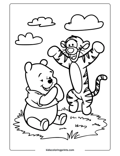 Fun-Filled Coloring Page Of Pooh And Tigger Playing Outside Coloring Page.