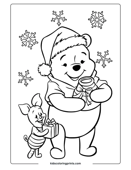 Winnie The Pooh And Piglet Enjoy A Snowy Christmas Scene With Honey And Gifts Coloring Page.