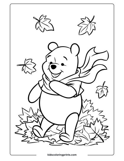 Fall Fun With Pooh Playing In A Pile Of Leaves, Wearing A Scarf Coloring Page.