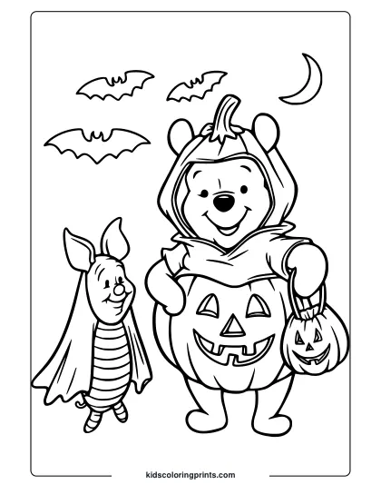 Winnie The Pooh And Piglet In Halloween Costumes With Pumpkins And Bats Coloring Page.