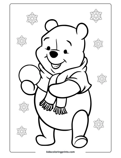 Winter Fun With Pooh Dressed In A Scarf And Surrounded By Snowflakes Coloring Page.
