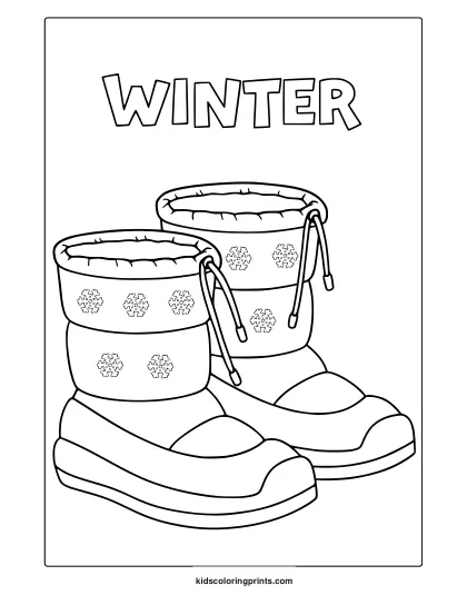 Winter Boots Coloring Page With Tall Snow Boots, Snowflake Patterns, And Sturdy Soles.