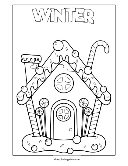 Winter Gingerbread House Coloring Page With Candy Canes, Lollipops, Chimney, And Candy Roof Designs.