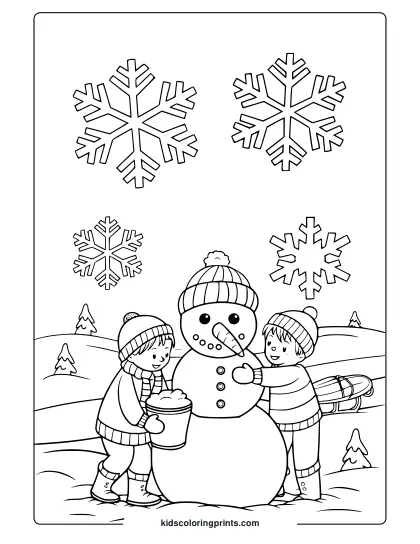 A Fun Winter Scene With Two Kids And A Snowman, Perfect For February Coloring Activities.