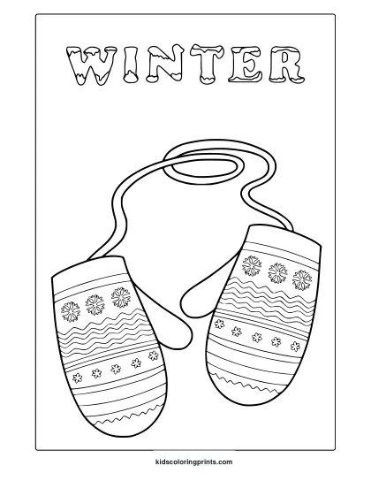 Winter Mittens Coloring Page With Decorative Nordic Snowflakes, Wavy Lines, And Floral Patterns.