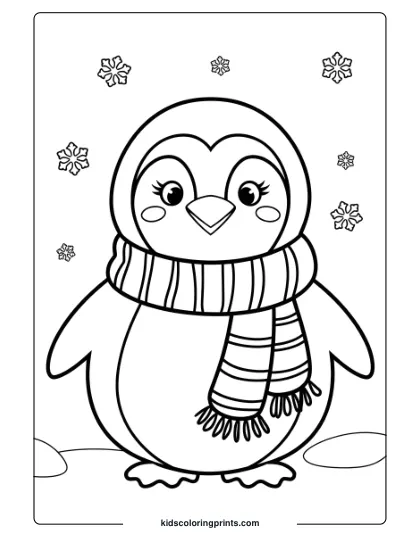 A Penguin In A Cozy Winter Scarf With Snowflakes Around, Perfect For A Winter Penguin Coloring Page.