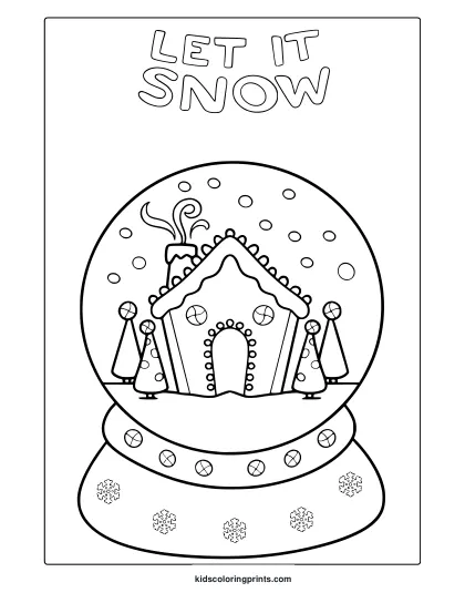 Winter Snow Globe Coloring Page With Gingerbread House, Christmas Trees, And Snowflakes In Bold Outlines.