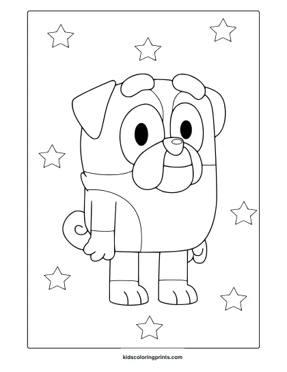 Winton From Bluey Coloring Page Featuring A Happy Pug And A Sky Full Of Simple Stars.