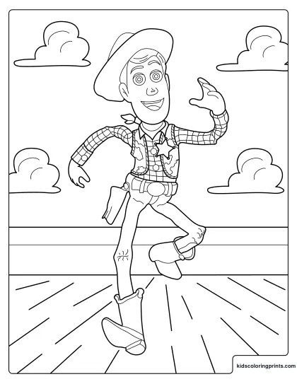 Toy Story Coloring Page Featuring Woody Smiling And Waving On A Wooden Floor Background.