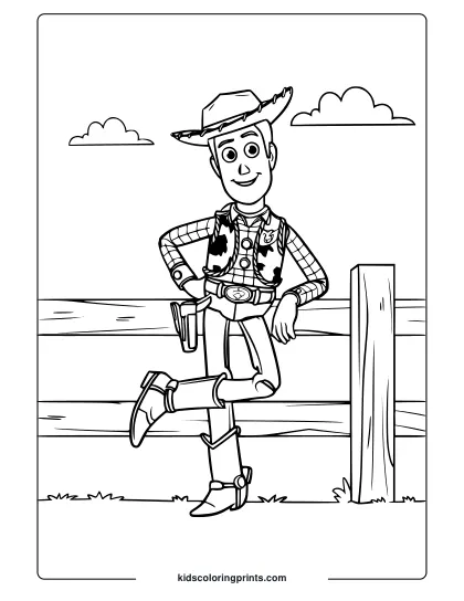 A Toy Story Woody Coloring Page With Him Leaning On A Fence, Wearing Cowboy Attire Under A Clear, Sunny Sky.