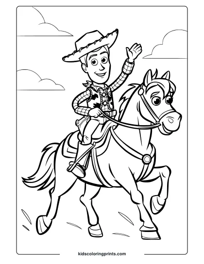A Toy Story Woody Coloring Page Showing Him Riding A Galloping Horse Under A Sky With Clouds.