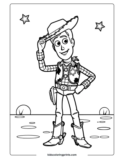 A Toy Story Woody Coloring Page Featuring The Cowboy Tipping His Hat In A Desert With A Clear Sky And Small Rocks Around.